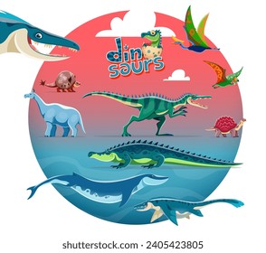 Cartoon dinosaurs isolated characters. Doedicurus, Quetzalcoatlus, Tapejara and Baryonyx, Indricotherium, Sarcosushus, Basilosaurus and Mosasaurus, Carbonemys flying, aquatic dinosaurs funny personage