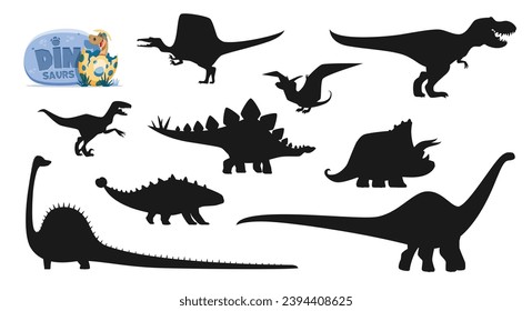 Cartoon dinosaurs isolated characters silhouettes. Spinosaurus, Tyrannosaur, Pterodactyl, Pteranodon and Velociraptor, Stegosaurus, Triceratops, Ankylosaurus and Diplodocus dinosaur silhouettes set