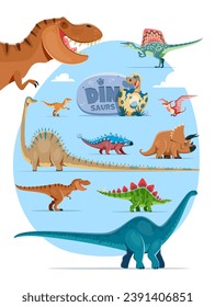 Cartoon dinosaurs isolated characters. Spinosaurus, Velociraptor, Pterodactyl and Pteranodon, Ankylosaurus, Triceratops, Diplodocus, Tyrannosaus and Stegosaurus, Brontosaurus dinosaur funny personages