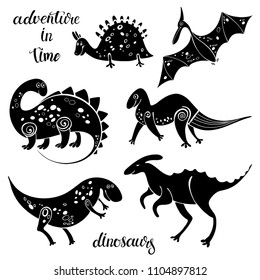 Cartoon dinosaurs  isolated elements for design on a white background. Vector set, hand drawn illustration. Silhouettes.