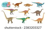 Cartoon dinosaurs isolated funny characters. Plateosaurus, Hyperodapedon, Tarbosaurus and Parasaurolophus, Vulcanodon, Omeisaurus, Allosaurus and Brachiosaurus, Iguanodon dinosaurs vector personages