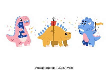 Cartoon Dinosaurs Joyfully Celebrating with Colorful Party Hats and Confetti in the Air