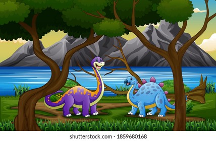 Cartoon dinosaurs at the jungle