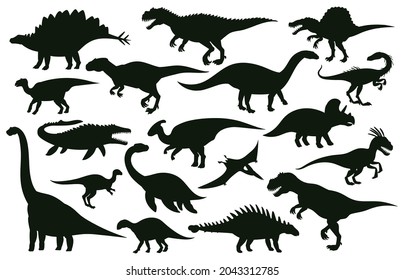 Cartoon dinosaurs, jurassic extinct dino raptors silhouettes. Jurassic extinct reptiles, ancient raptor monsters vector illustration set. Dinosaurs silhouettes tyrannosaurus jurassic time