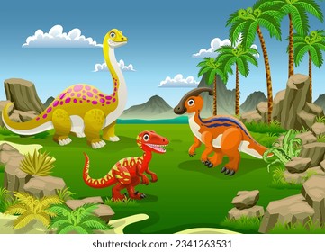 Cartoon Dinosaurs in Landscape In The Forest Pre Historic Era