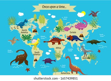 Cartoon dinosaurs with names on modern world map. Continents and oceans. Geography for children, preschoolers and schoolchildren