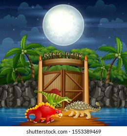Cartoon dinosaurs on the dino park at night landscape