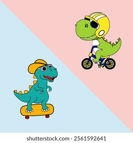 Cartoon dinosaurs on a skateboard and a bicycle. Icons, emblems, logos. Poster for kids, sticker for a T-shirt, cap, pin for a bag.