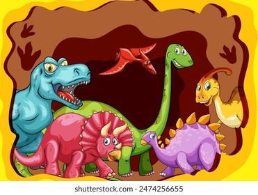 Cartoon dinosaurs in a playful scene