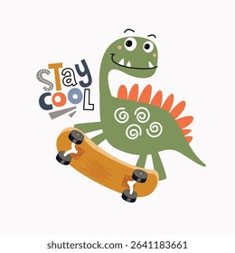 Cartoon dinosaurs playing skateboarding playful and childish vector illustration for clothing, kids apparel, kindergarten background, kids poster decoration, book cover, textile and others