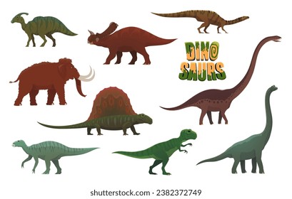 Cartoon dinosaurs, prehistoric animals characters. Paleontology dinosaur vector cute personage. Parasaurolophus, Brachiosaurus, Iguanodon and Centrosaurus, Dimetrodon, Plateosaurus funny mascots
