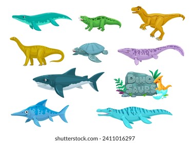 Cartoon dinosaurs prehistoric animals characters. Paleontology reptiles funny vector mascots. Kronosaurus, Hyperodapedon, Allosaurus and Vulcanodon, Archelon, Tylosaurus dinosaurs cute personages