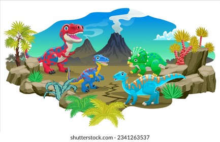 Caricatura Dinosaurios en la naturaleza prehistórica del volcán