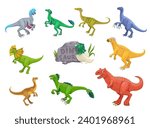 Cartoon dinosaurs reptiles cheerful characters. Extinct reptile, Jurassic era Oviraptor, Troodon, Compsognathus and Therizinosaurus, Dilophosaurus, Pachycephalosaurus dinosaur vector cute personages