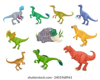 Los dinosaurios de dibujos animados repiten a personajes alegres. Reptiles de extinción, época jurásica Oviraptor, Troodon, Compsognathus y Therizinosaurus, Dilophosaurus, Pachycephalosaurio vectorial personajes lindos