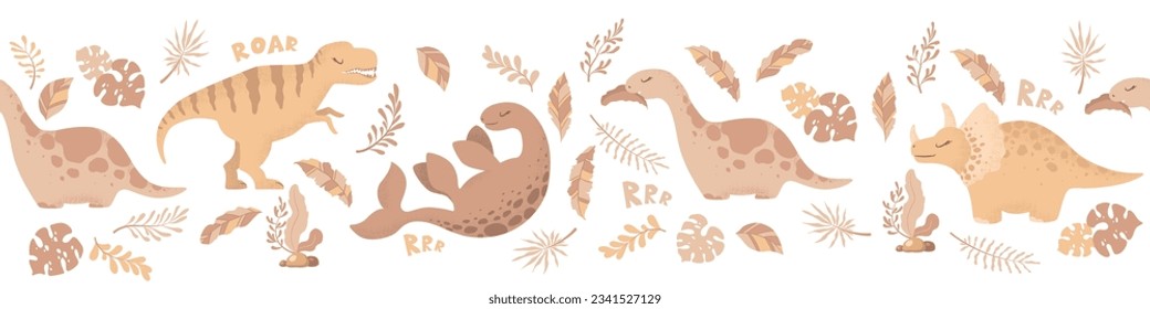 Cartoon dinosaurs seamless horizontal pattern with cute dinosaurs and plants isolated on white background. Vector illustration for print, wrapping paper, card, banner, wallpaper, nursery decoration