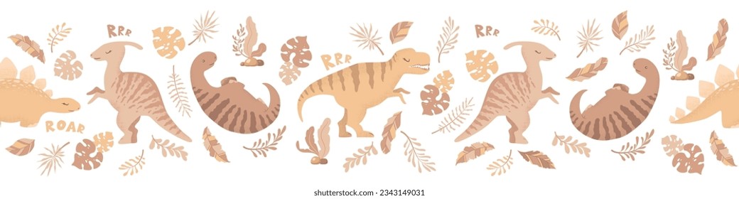 Los dinosaurios caricaturizados son un patrón horizontal sin fisuras con lindos dinosaurios y plantas aisladas en fondo blanco. Ilustración vectorial para la impresión, papel envolvente, pancarta, papel tapiz, decoración de vivero, tarjeta