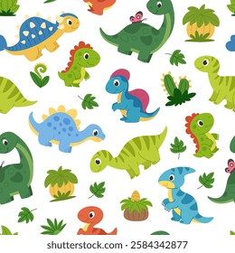 Cartoon dinosaurs seamless pattern. Children's prehistoric background with dinosaurs, plants and leaves. Ideal for fabric, packaging and other designs. White background.