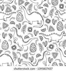 Cartoon dinosaurs seamless pattern. Cute Dino background for kids. Hand drawn dinosaurs on white background.