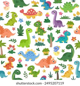 Cartoon dinosaurs seamless pattern. Cute children dinosaurs and prehistorical plants background. For fabric, package and other.