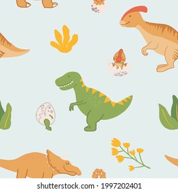 Cartoon dinosaurs seamless pattern. Flat, jurassic, wild animal in doodle style. Hand drawn childish Vector illustration. Perfect for background, wrap paper, wall paper, fabric, textile