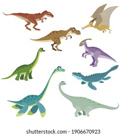 Cartoon dinosaurs set. Cute dinosaurs collection in flat funny style. Predators and herbivores prehistoric wild animals. Vector illustration isolated on white background.