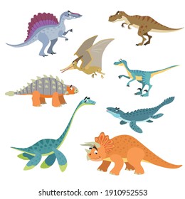 Cartoon dinosaurs set. Cute dinosaurs collection in flat funny style. Predators and herbivores prehistoric wild animals. Vector illustration isolated on white background.