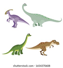 Cartoon dinosaurs set. Parasaurolophus, Brontosaurus, Brachiosaurus and Tyrannosaurus rex. Herbivore and carnivore dinosaurs collection. Vector illustrations. Isolated on white background.