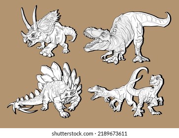 Cartoon dinosaurs set. Realistic dinosaurs collection. Colored predators and herbivores. coloring page, hand drawn illustration. Vector illustration isolated on gray background