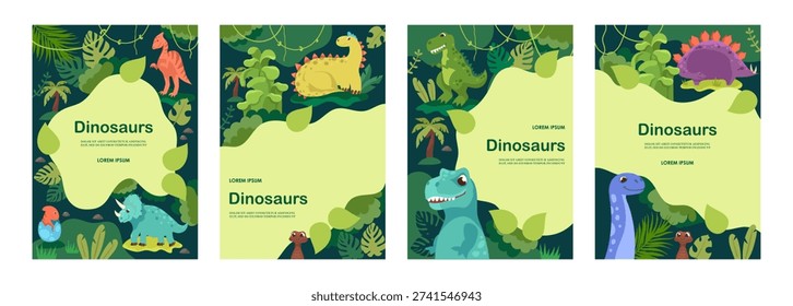 Cartoon dinosaurs. Set of templates for banners, covers, cards, flyers, posters. Vector flat illustration. Tropical design. Jungle frame.
