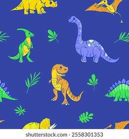 Cartoon dinosaurs set, vector illustrations, seamless pattern 
