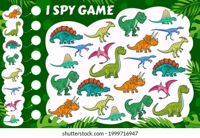 Dinosaurios de dibujos animados, espía niños jugando con reptiles de dino, búsqueda de dibujos vectoriales y juego de mesa. Rompecabezas de tabletop para niños o yo juego de espionaje con tiranosaurio Jurásico t-rex, pterodactílico y brontosauro