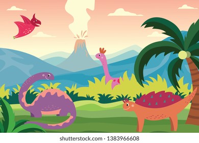 Dinosaurios de dibujos animados en el paisaje de verano. Animales prehistóricos alegres en naturaleza verde mirando la erupción volcánica, la escena de las montañas y palmeras, ilustración vectorial