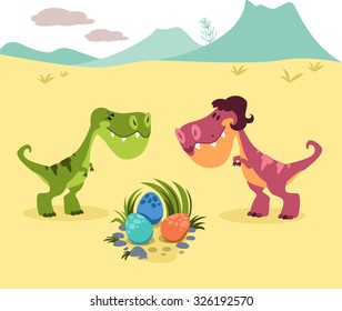 Cartoon dinosaurs with three eggs.