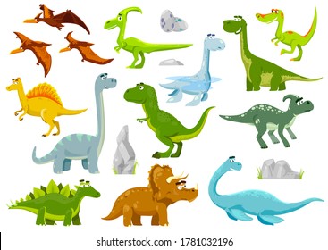 Cartoon-Dinosaurier, Vektordrachen, süße und lustige Babydinofiguren. Einzeln Fantasy bunter prähistorischen glücklichen Jurassistischen Periode Wildtiere Tyrannosaurus rex, Stegosaurus, pterodactyl Figuren Set