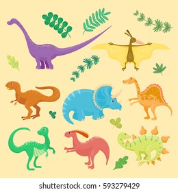 Cartoon dinosaurs vector illustration isolated monster animal dino prehistoric character reptile predator jurassic fantasy dragon leaf