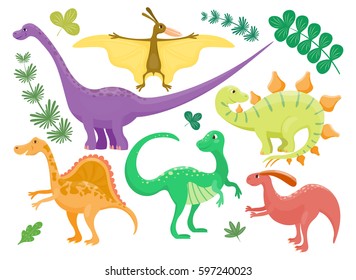 Cartoon dinosaurs vector illustration isolated monster animal dino prehistoric character reptile predator jurassic fantasy dragon leaf