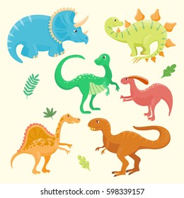 Cartoon dinosaurs vector illustration isolated monster animal dino prehistoric character reptile predator jurassic fantasy dragon leaf