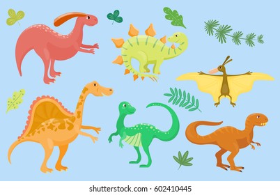 Cartoon dinosaurs vector illustration isolated monster animal dino prehistoric character reptile predator jurassic fantasy dragon leaf