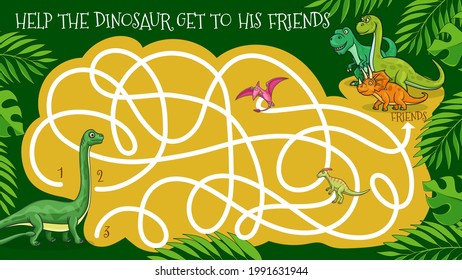 Cartoon dinosaurs vector labyrinth maze game or kids riddle. Logic puzzle, game or education quiz worksheet template, help dinosaur get to friends with pterodactyl, diplodocus, t-rex and triceratops