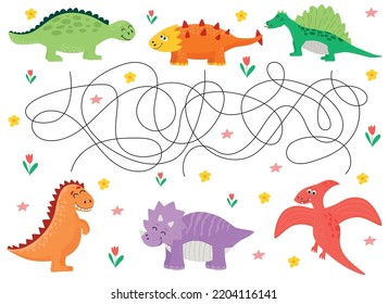 Cartoon dinosaurs vector labyrinth maze game or kids riddle. Logic puzzle, game or education quiz worksheet template, help dinosaur get to friends.