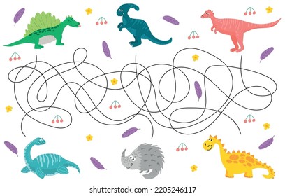 Cartoon dinosaurs vector labyrinth maze game or kids riddle. Logic puzzle, game or education quiz worksheet template, help dinosaur get to friends. Vector image.