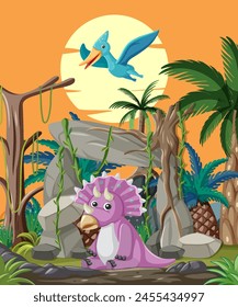Cartoon dinosaurs in a vibrant prehistoric setting