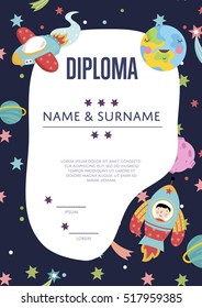 Cartoon diploma. Astronaut in spaceship, earth planet, starry galaxy sky vector design. Cartoon award diploma or graduation certificate for children with empty place for name and surname illustration
