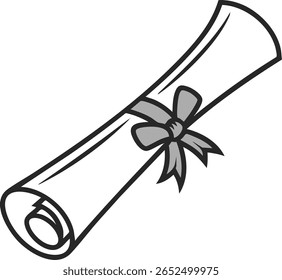Cartoon diploma scroll with a grey ribbon tied in a bow isolated on white background	