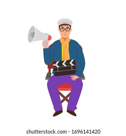 Cartoon director is sitiing on a chair with a megaphone and movie clapper, character for children. Flat vector illustration.