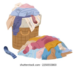 Cartoon dirty clothes. Laundry basket and stack of clean clothing flat vector illustration on white background