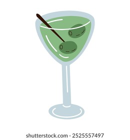 Cartoon dirty martini illustration. Vector illustration of classical cocktail isolated on white background. Hand drawn alcohol drink with olives.