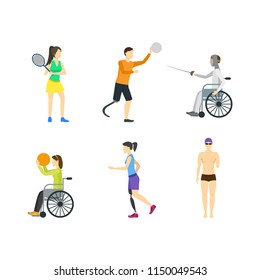 Cartoon Disabled Sports Characters Icons Set Disability Athlete Concept Element Flat Design Style on a White. Vector illustration of Icon People