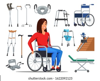 Cartoon disabled woman sitting on wheelchair and different mobility aids. Sick people with restricted abilities and walkers variety set. Special needs for handicapped person. Vector flat illustration